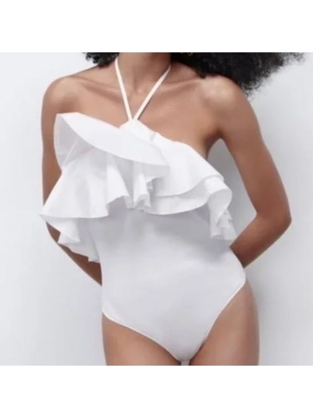 Zara NWT white ruffled rib bodysuit corset Sz L stretchy